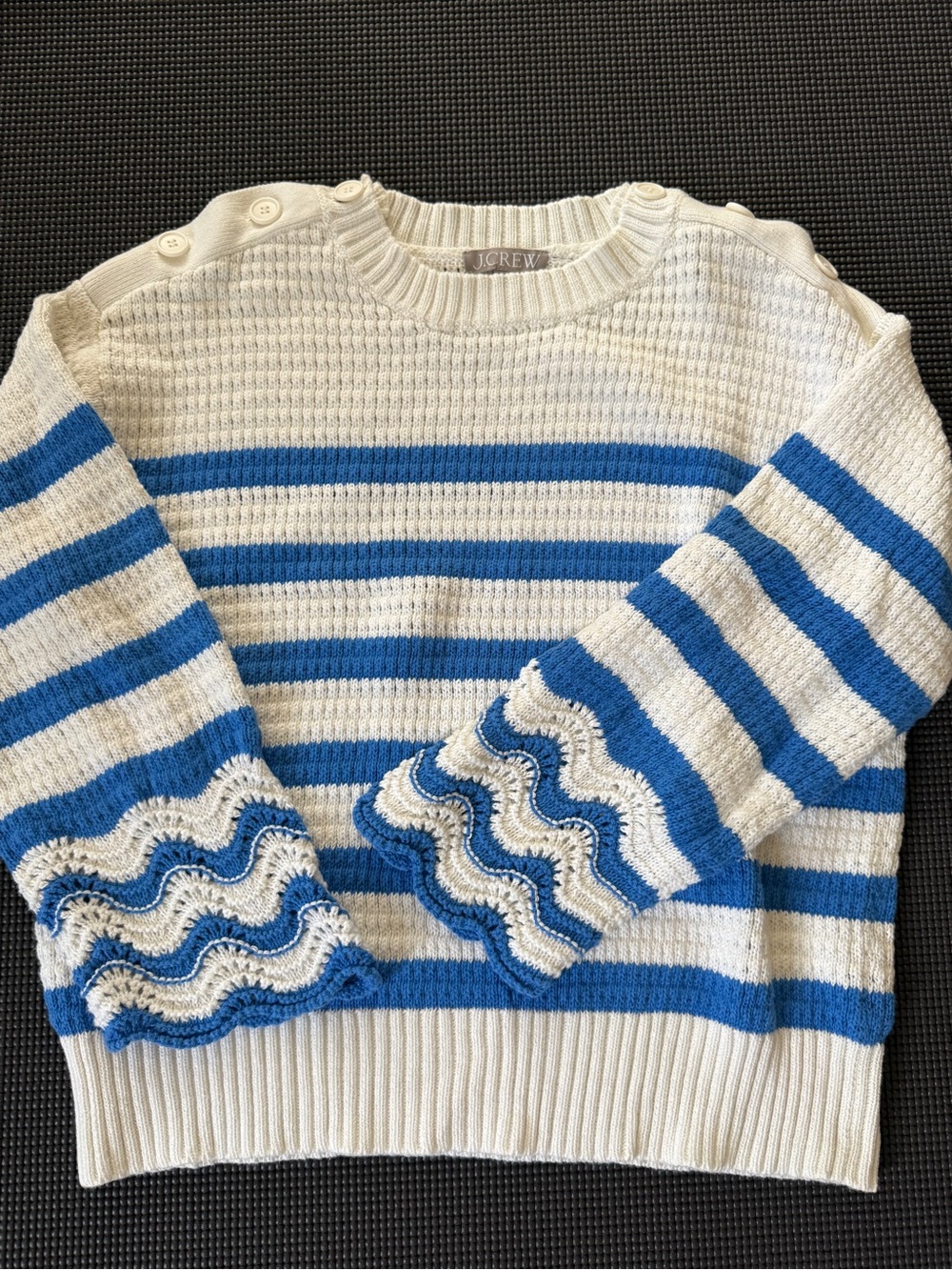 J. Crew Cream & Blue Striped Sweater with Ruffle Cuffs